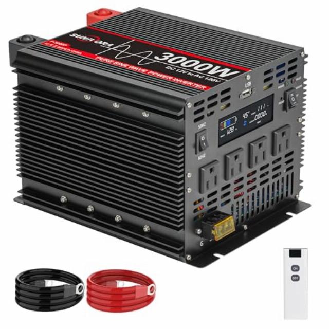 3000 Watt Pure Sine Wave Power Inverter with LCD 12V DC to 110V/120V AC Inverter Car Power Inverter with 4 AC Outlets & 1 USB Port for Vehicle RV Truck Camping