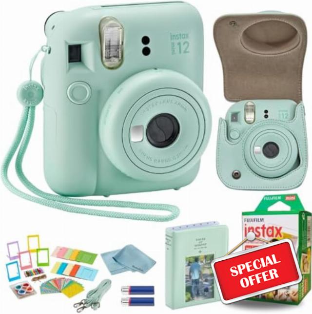 Fujifilm Instant Mini 12 Instant Camera + BluebirdSales Accessory Bundle & Compatible Custom Case + Fuji Instant (20 Shots) Designer Mini Photo Album (60 Pockets) (Mint Green)