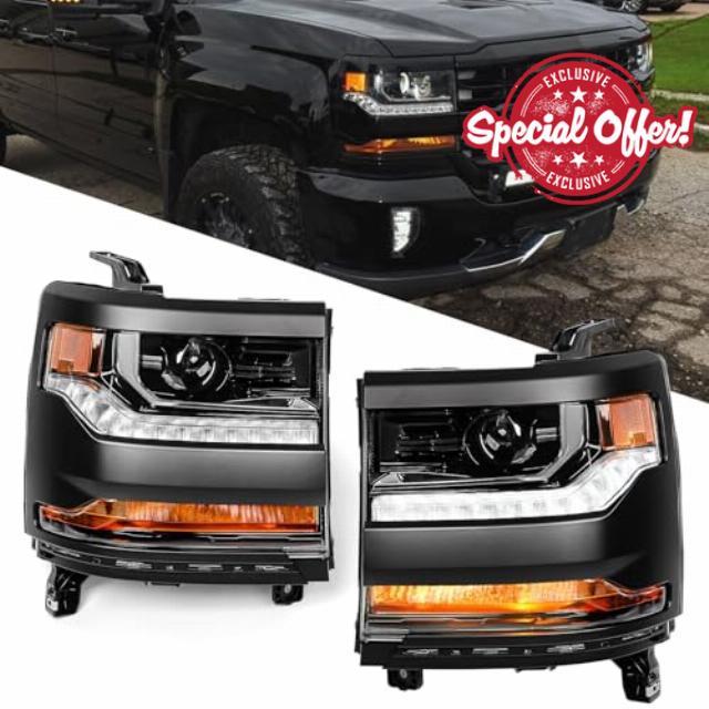 FIONE HID Headlights Assembly Compatible with Chevy Silverado 1500 2016-2018/2019 Silverado 1500 LD Black Housing Headlamp Left Driver+Right Passenger Side