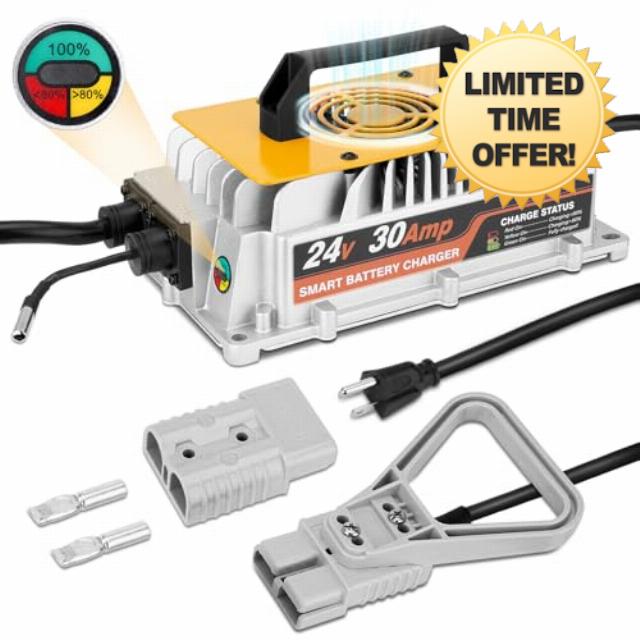 24V 30A Forklift Battery Charger with LED Light Smart Golf Cart Battery Charger with Anderson Plug & Lead Acid Battery Charger for Floor Scrubber