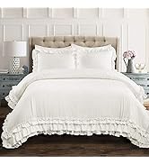 Lush Decor Belle 3 Piece Ruffled Vintage Chic White Comforter Set with Bed Skirt and Pillow Sham,...