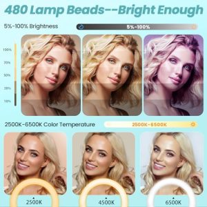 75" Tripod with Wheels 50W 6500K LED Display/2 USB Ports Large Ringlight Rolling