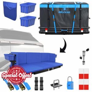 Mockins 48"x18"x6" 2-in-1 Trailer Hitch Seating Cargo Carrier Bench Set w/ 15 CuFt Trailer Hitch Cargo Carrier Bag | 500 lbs Capacity Cargo Hitch Carrier & Vehicle Soft-Shell Carriers w/Accessories