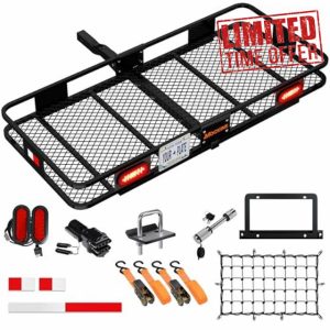 Mockins 60"x20"x6" Folding Trailer Hitch Cargo Carrier Hitch Mount | 500Lbs. Cap Car Carrier Tow Hitch Rack | Weatherproof Steel Luggage Rack for SUV & Car w/License Plate Holder