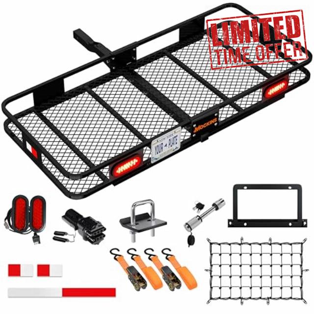 Mockins 60"x20"x6" Folding Trailer Hitch Cargo Carrier Hitch Mount | 500Lbs. Cap Car Carrier Tow Hitch Rack | Weatherproof Steel Luggage Rack for SUV & Car w/License Plate Holder