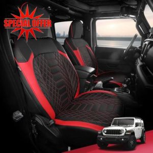 FREESOO Seat Covers for Jeep Wrangler 4 Door JL 2018-2025 1:1 Custom Seat Covers Without Rear Cup Holder - BlackRed