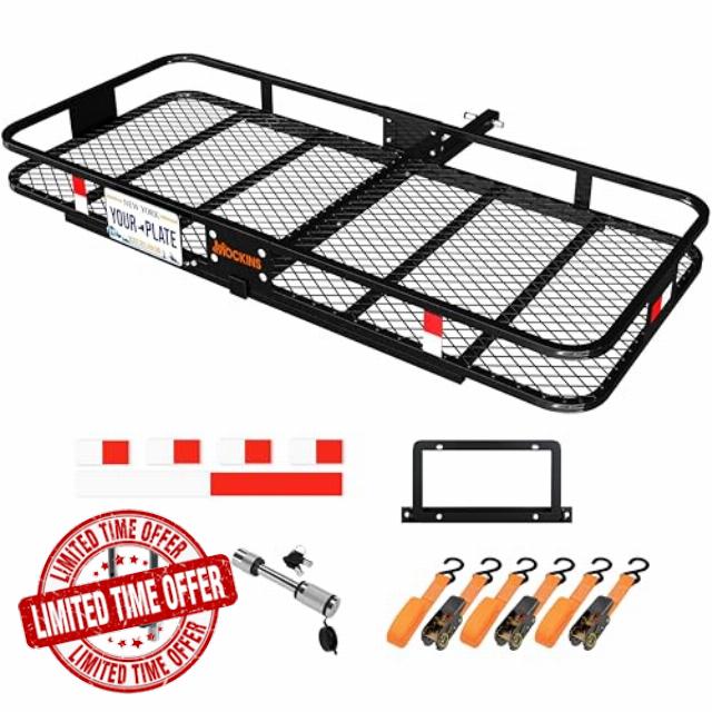 Mockins XXL 70"x30"x6" Folding Trailer Hitch Cargo Carrier | 500 Lbs. Capacity All-Weather Car Carrier Cargo Racks for Trailer Hitch Fit 2" Receiver | Luggage Rack for SUV & Car w/Stabilizer & Straps