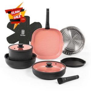 ROYDX 14 Pcs Titanium Coated Pots and Pans Set Non Stick Ceramic Cookware Set Detachable Handle
