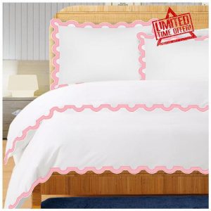 U Shape Applique Trim Embroidery Border Duvet Cover & Shams 100% Cotton Sateen 400 Thread Count (WhiteLight Pink