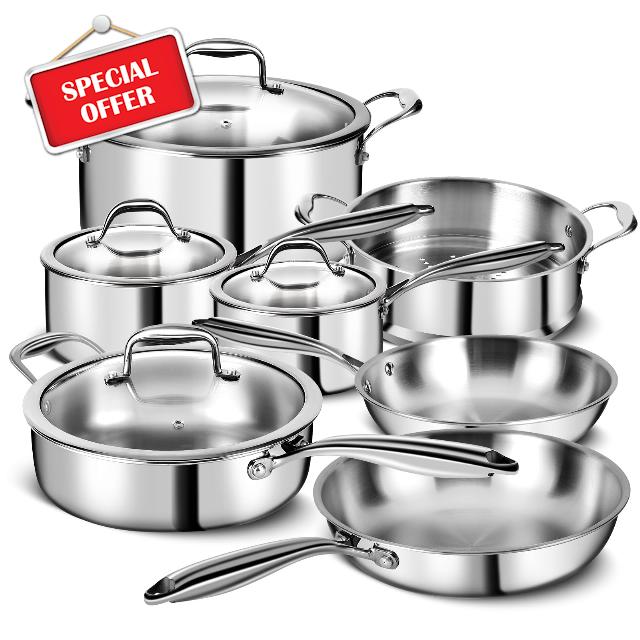 EWFEN 3 Ply Stainless Steel 12-Piece Cookware Set with Lids
