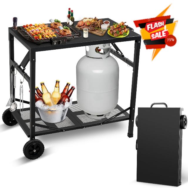 Grill Cart Outdoor with Wheels - Foldable Pizza Oven Stand Table