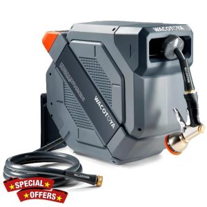 Retractable Garden Hose Reel 5/8 in x 75 ft Professional Metal Bracket & 9-Pattern Metal Nozzle UV Resistant Brass Fitting Heavy Duty Wall Mount Any Length Lock Slow Retraction 180° Swivel