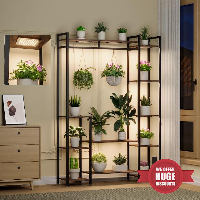 Plant Stand Indoor with Grow Lights 11 Tiered Wood Indoor Plant Shelf 62" Tall Plant Stand Metal Frame for Indoor Plants Multiple Flower Pot Holder