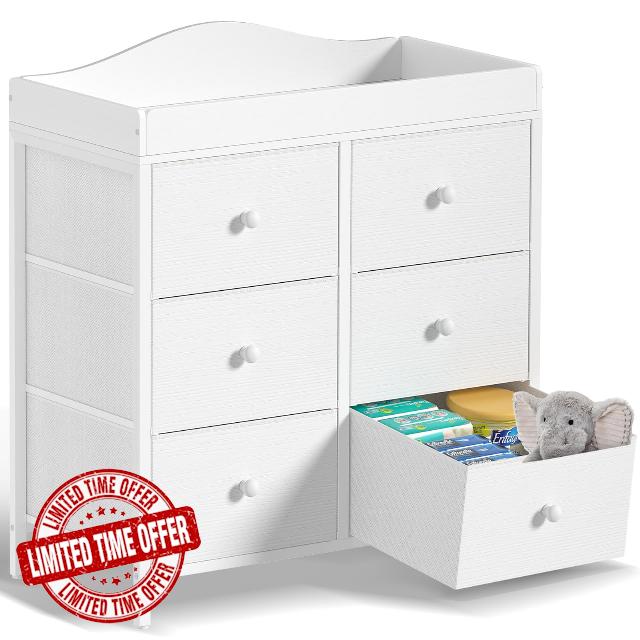 BOLUO White Changing Table Dresser with 6 Fabric Drawers