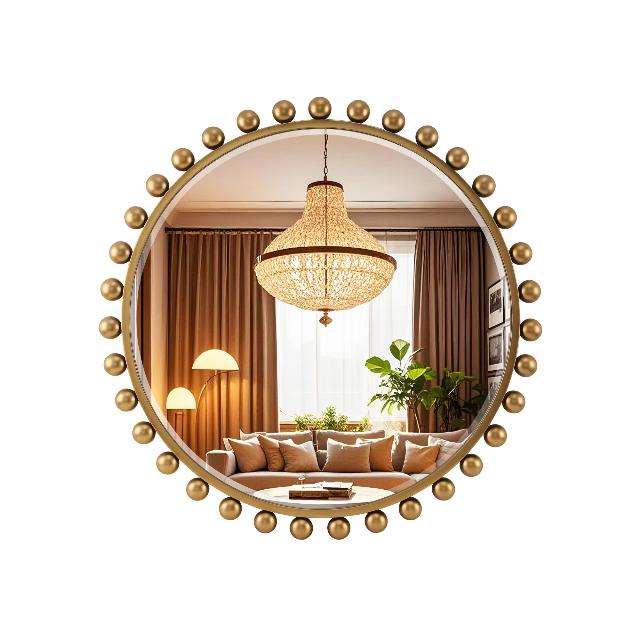 Round mirrors for Bathroom with Beveled Glass and Ball Frame–Gold Bead Mirror