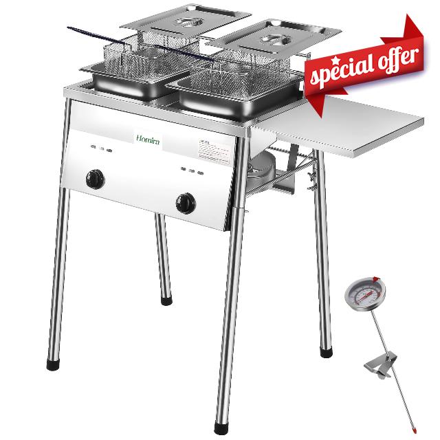 Stainless Steel Two-Tank Propane Deep Fryer with Thermometer