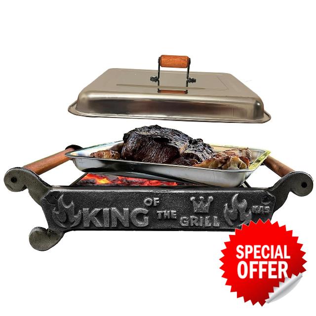 Handmade Cast Iron Tabletop Charcoal Grill & Food Warmer with Stainless Steel Tray