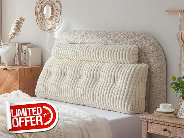 Headboard Pillow + A Long Neck Roll Pillow Body Pillow,Faux Fur Headboard Wedge Pillow with Removable Cover (Beige