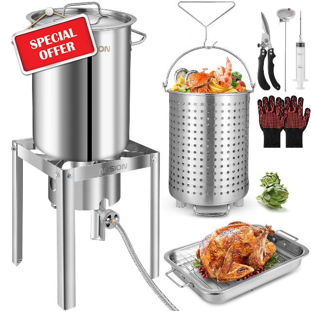 AOSION 30QT Stainless Steel Turkey Fryer&Seafood Boil Pot with 55