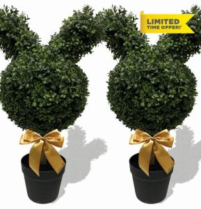 30'' Artificial Bunny-Shaped Topiary Tree Pot UV-Resistant Bowknot Faux Boxwood Topiaries Plant for Porch Decor Outdoor/Indoor 2 Pack