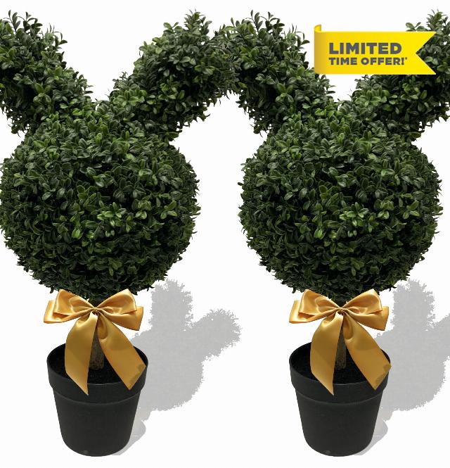30'' Artificial Bunny-Shaped Topiary Tree Pot UV-Resistant Bowknot Faux Boxwood Topiaries Plant for Porch Decor Outdoor/Indoor 2 Pack