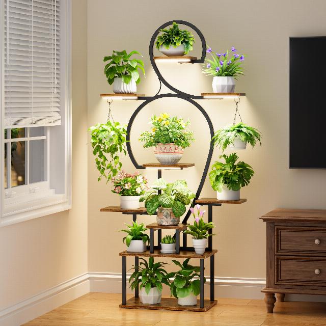 POZILAN Plant Stand Indoor with Grow Light - 9 Tiered Metal Plant Stand