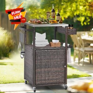 Grill Cart Outdoor with Wheels Outdoor Prep Table Grill Station with Storage Outdoor Kitchen Island Serving Cart with Stainless Steel Table Top BBQ Storage Cabinet for Outside Wicker Bar Cart Brown