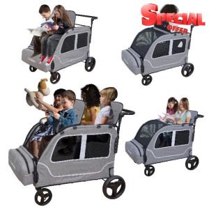 Wagon Stroller 4 Seater Summer Travel Push Wagon for Kids All Terrain Foldable Quad Toddler Wagons for 1 2 3 4 Year Children with Seat (Light Grey)