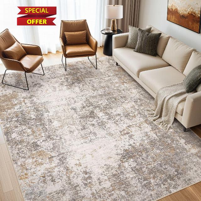 Area Rugs for Living Room: 9x12 Large Soft Washable Rug Modern Abstract Non-Slip Backing Stain Resistant Carpet for Bedroom Dining Room or Home Office Home Decor - Brown