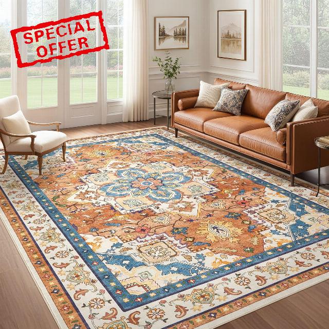 Area Rug for Living Room: 8x10 Soft Washable Rugs Vintage Large Non-Slip Backing Stain Resistant Carpet for Bedroom Dining Room or Home Office Home Decor - Orange