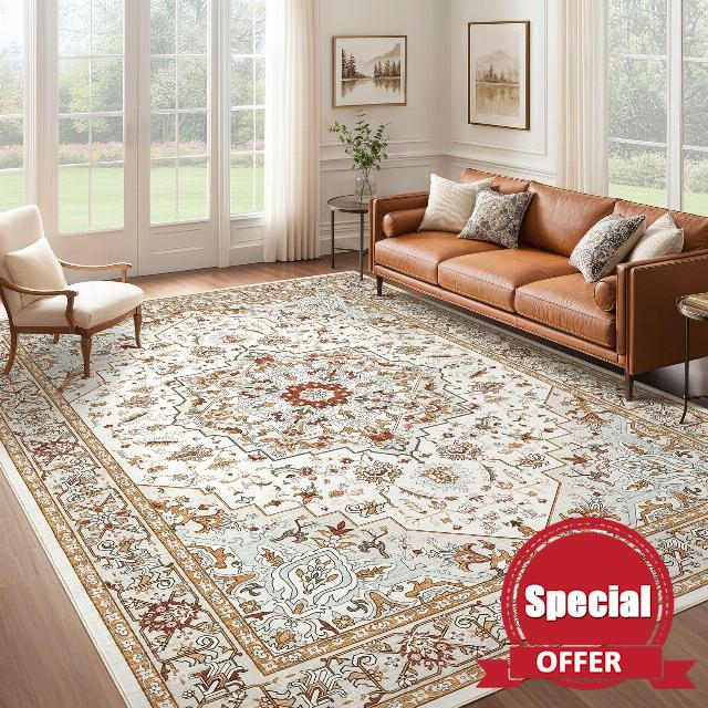Area Rug for Living Room: 9x12 Soft Washable Rugs Vintage Large Non-Slip Backing Stain Resistant Carpet for Bedroom Dining Room or Home Office Home Decor - Beige/Orange