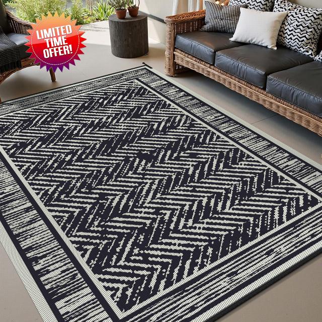COCOER Outdoor Rug-9x12 ft Waterproof Patio Rug-Reversible Outdoor Carpet Plastic Straw Outside Rug-Camping Mat Indoor Outdoor Area Rug for RV Porch Balcony Black&Beige