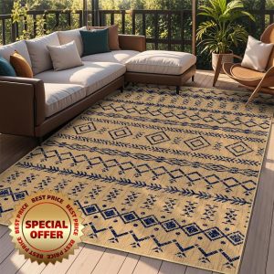 Outdoor/Indoor Area Patio Rug Washable Boho Rug 8x10 ft - Moroccan Geometric Design with Diamond & Fishbone Patterns - Non-Slip