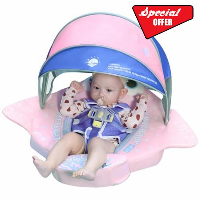 Mambobaby Float with Canopy UPF 50+ Sun Protection Pearl Foam Non-Inflatable Solid Baby Pool Float with Tail Mambo Float Swim Trainer Skin-Friendly Infant Swimming Ring