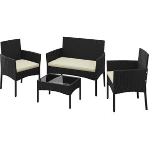 Rattan Chair Wicker Set Loveseat with Soft Cushion and Glass Table for Backyard Porch Garden Poolside Balcony