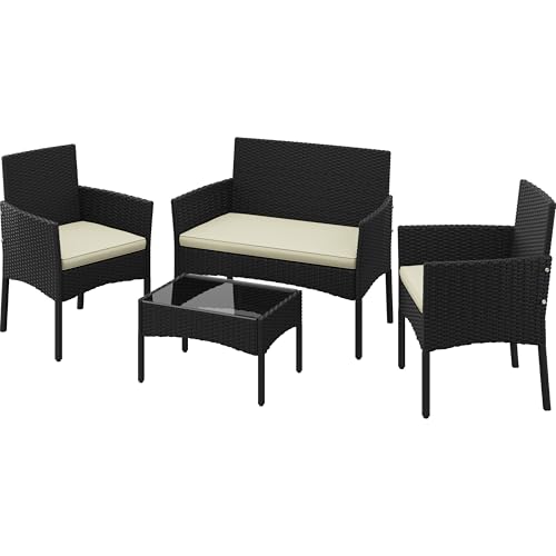 Rattan Chair Wicker Set Loveseat with Soft Cushion and Glass Table for Backyard Porch Garden Poolside Balcony