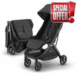 UPPAbaby Minu V3 Travel Stroller | Lightweight + Compact Design | One-Hand Fold + Unfold | from Birth + Overhead Compatible | Jake (Charcoal/Carbon Frame/Black Leather)