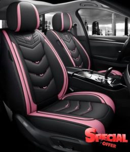 BGYFOU Fashion PU Breathable Leather car seat Cover 5-Seater Universal fit (Black and Pink)