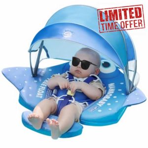 Mambobaby Float with Canopy UPF 50+ Sun Protection Pearl Foam Non-Inflatable Solid Baby Pool Float with Tail Mambo Float Swim Trainer Skin-Friendly Infant Swimming Ring