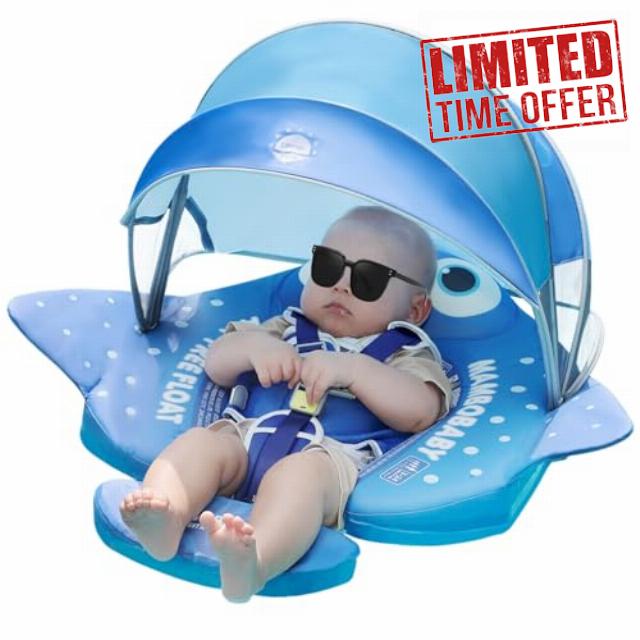 Mambobaby Float with Canopy UPF 50+ Sun Protection Pearl Foam Non-Inflatable Solid Baby Pool Float with Tail Mambo Float Swim Trainer Skin-Friendly Infant Swimming Ring
