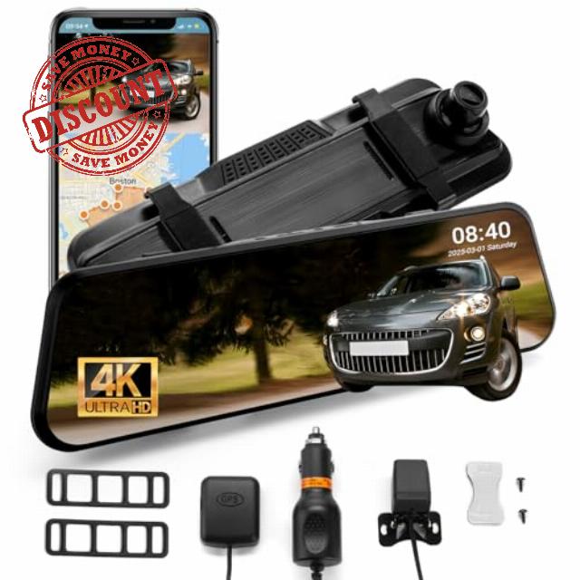 4k Mirror Dash Cam with GPS & Night Vision-10'' Touchscreen Rearview Camera for Cars & Trucks