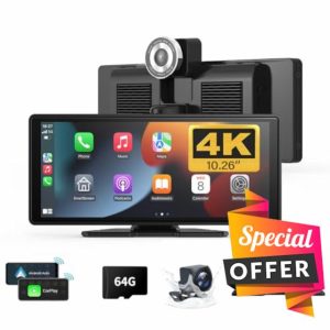 Wireless Carplay Screen for Car 10.26" 4K 360 Rotation Dash Cam Apple Carplay&Android Auto Car Stereo Car Audio Receivers with 1080p Backup Camera GPS Navigation/Mirror Link/Voice Control/Siri