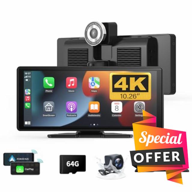 Wireless Carplay Screen for Car 10.26" 4K 360 Rotation Dash Cam Apple Carplay&Android Auto Car Stereo Car Audio Receivers with 1080p Backup Camera GPS Navigation/Mirror Link/Voice Control/Siri
