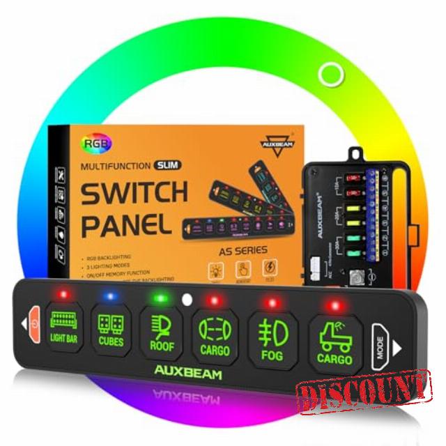 Auxbeam 6 Gang Slim Switch Panel RGB AS-R60 Toggle Momentary Pulsed Dimmable Backlight Multifunction Switch Panel with Memory Function for 12-24V Truck Offroad Car Marine Waterproof 2 Years Warranty