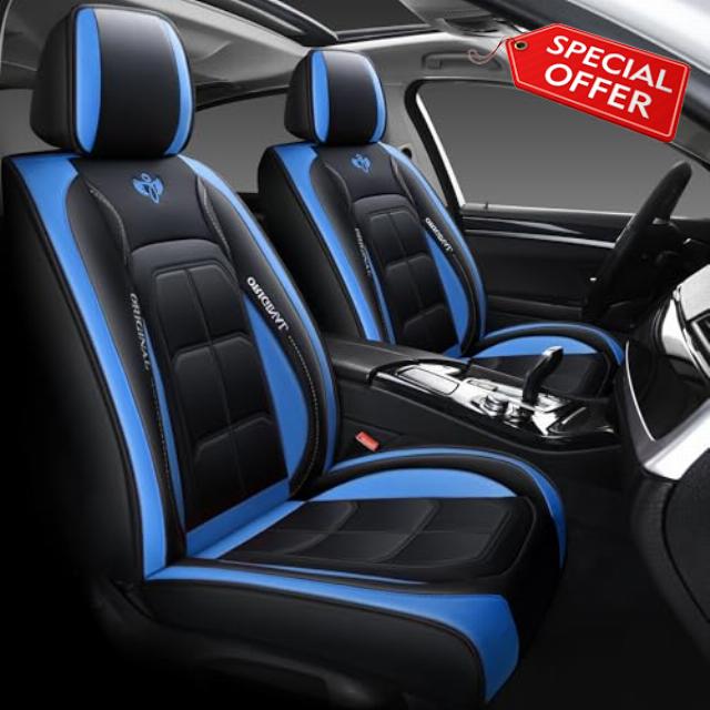 Comfortable Leather Auto Car Seat Covers Front & Rear Seat Protector Fit Sedan SUV 5 Seats Full Set Universal Fit (Black-Blue)