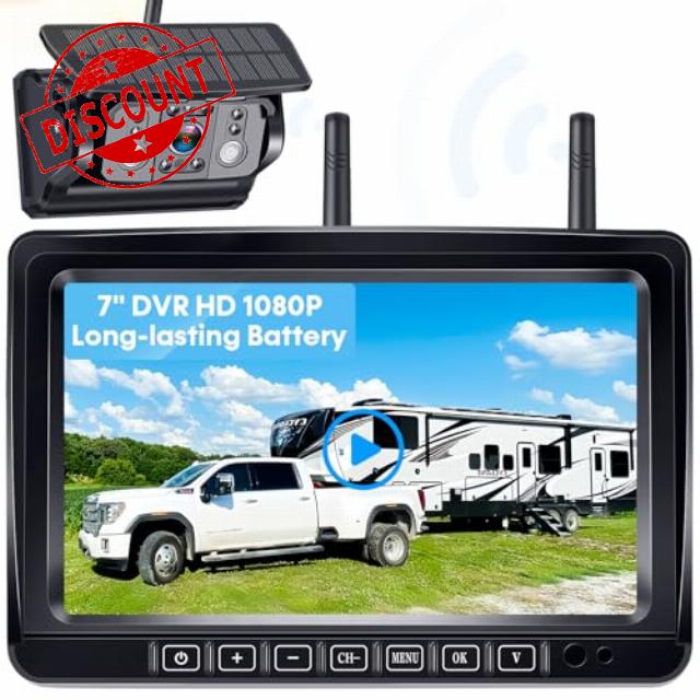 Wireless RV Backup Camera 7-inch for Trailer: Easy Setup Solar RV Rear View Camera with Recording - 4 Channels Strong Magnetic HD 1080P Long-Battery Life for Camper