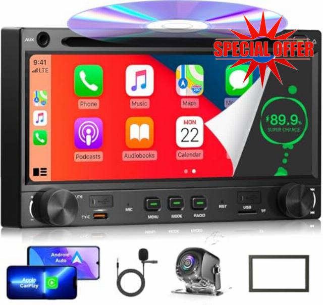 【SOOEMAKA】 2025 Newest Double Din Car Stereo DVD/CD Player with Wireless Carplay & Android Auto
