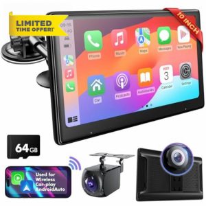 10 Inch Touch Screen for Car - Used for Wireless Apple Carplay Android Auto - Portable Car Stereo with 2K Front Dashcam