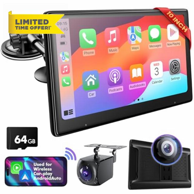 10 Inch Touch Screen for Car - Used for Wireless Apple Carplay Android Auto - Portable Car Stereo with 2K Front Dashcam
