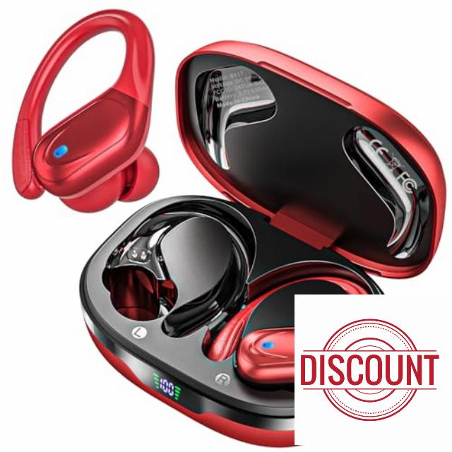 Wireless Earbuds Bluetooth Headphones 80hrs Playback Ear Buds Power Display with Noise Canceling Mic with Earhooks for Sports/Workout/Running Red